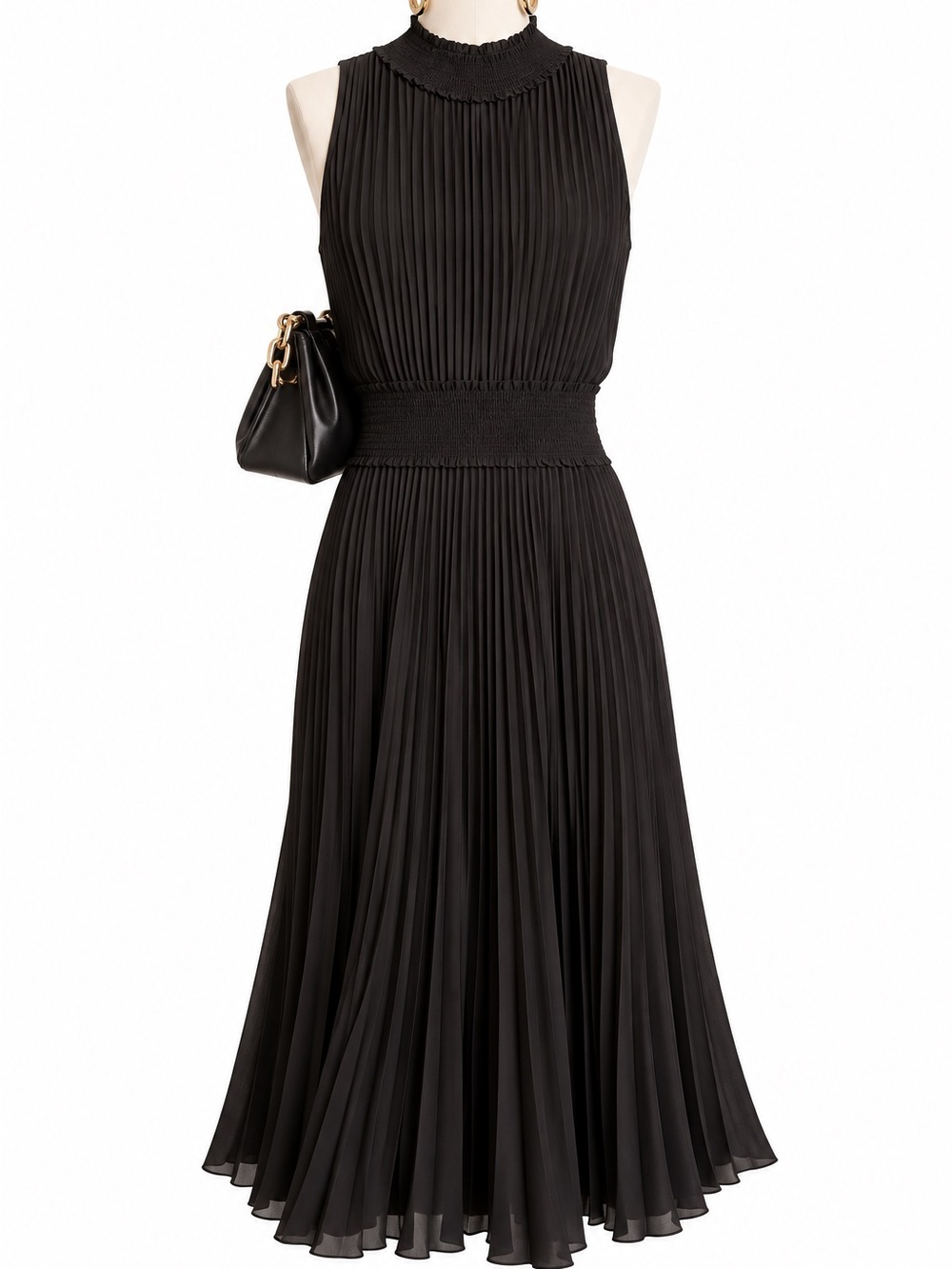 Nanette Lepore Black Pleated Smocked-Waist Midi Dress
